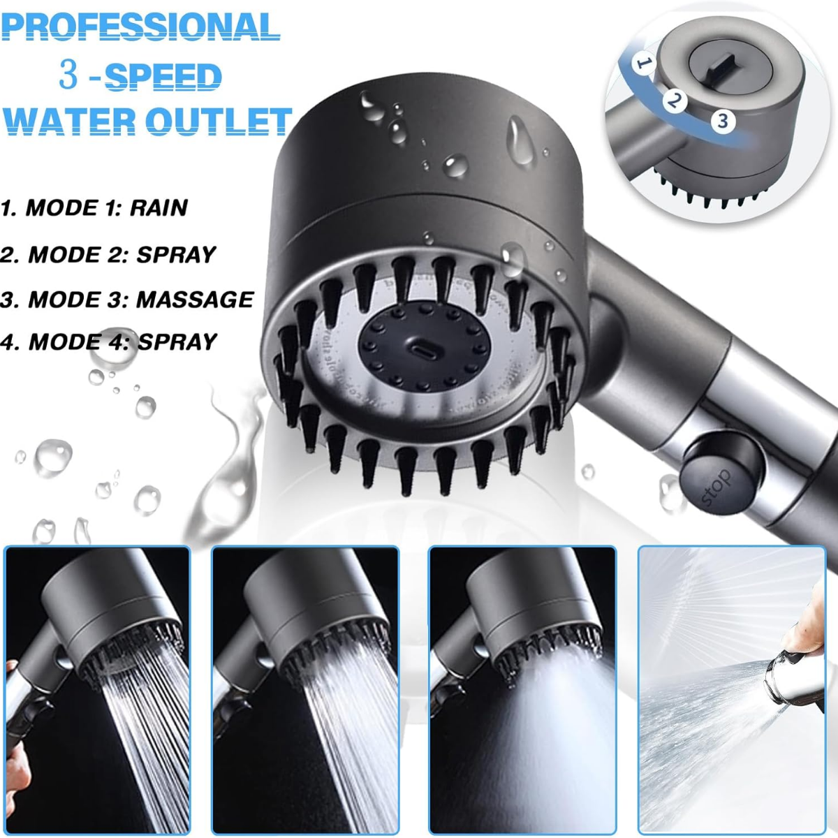 A pressurized shower head designed for strong, refreshing spray.