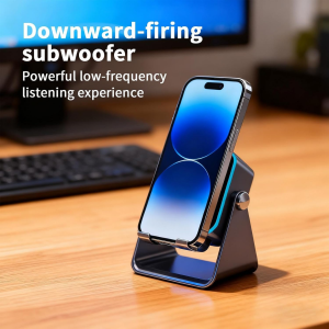 Compact, portable stand with built-in speaker.