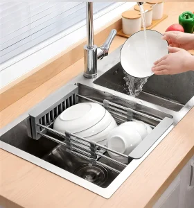 sink dish rack adjustable storage basket