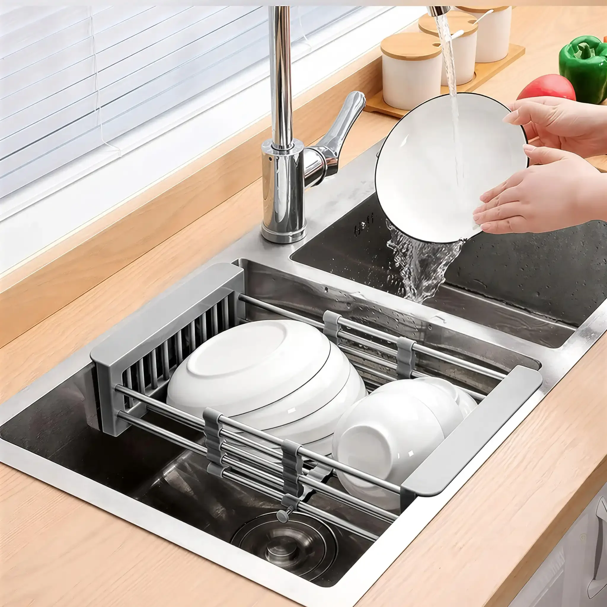 sink dish rack adjustable storage basket