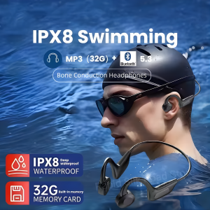 Close-up of Bone Conduction Swimming Headphones with Magnetic Charging Cable