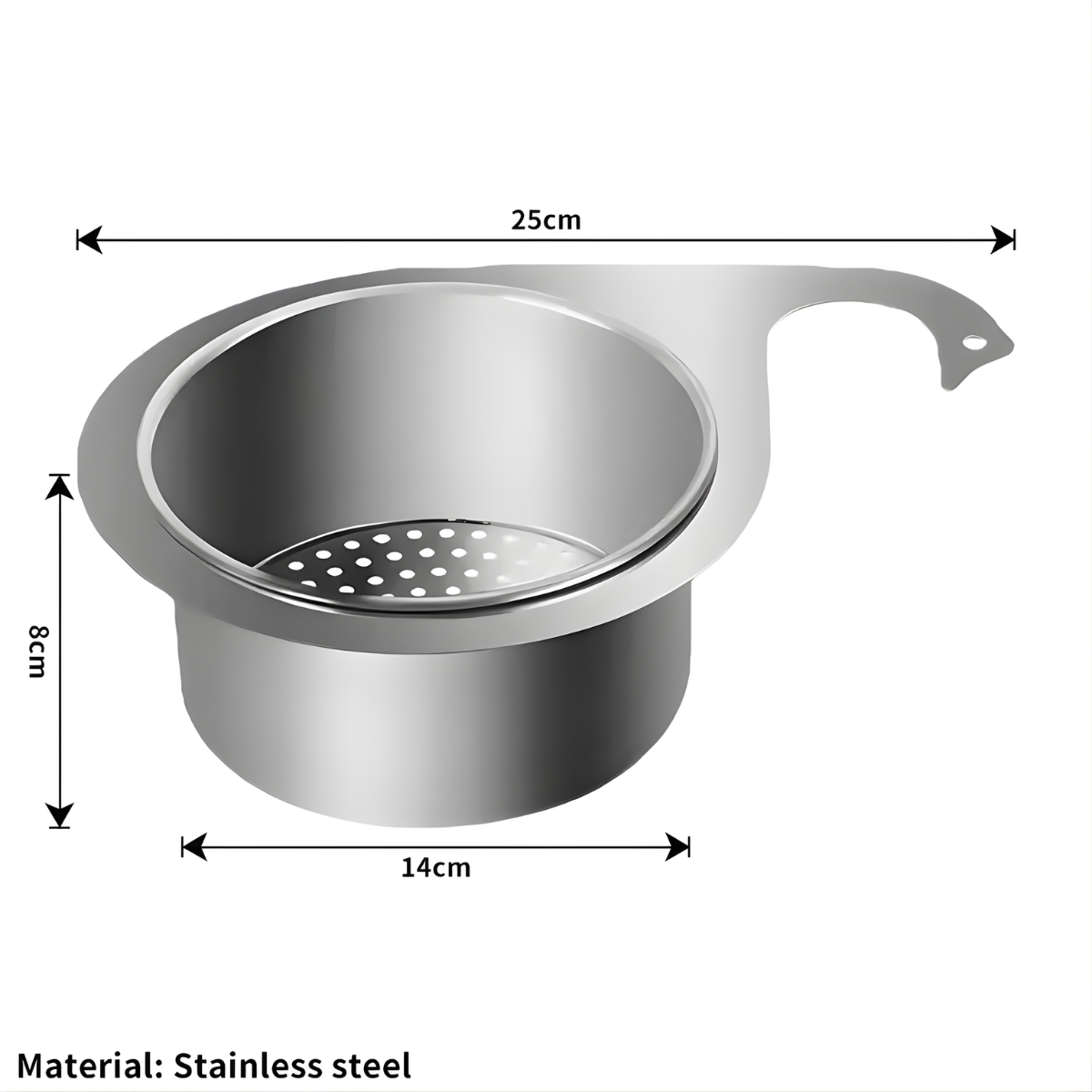 Compact and space-saving sink strainer basket for small kitchens.